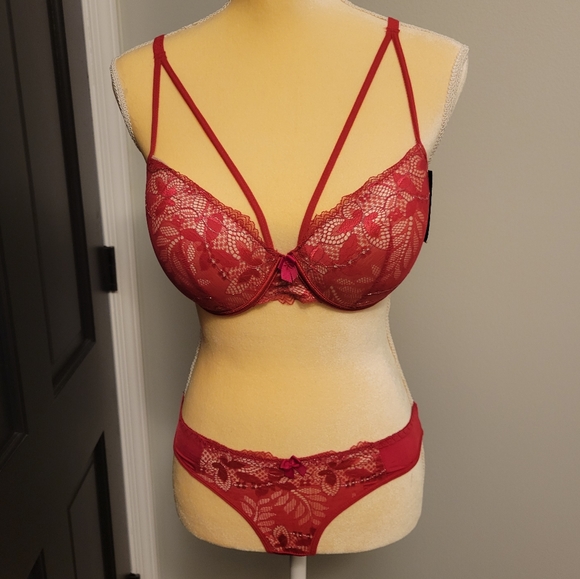Dainafang Deep Red with Satin Lace and Fine Silver Stitching Bra and Panty set - Picture 2 of 13